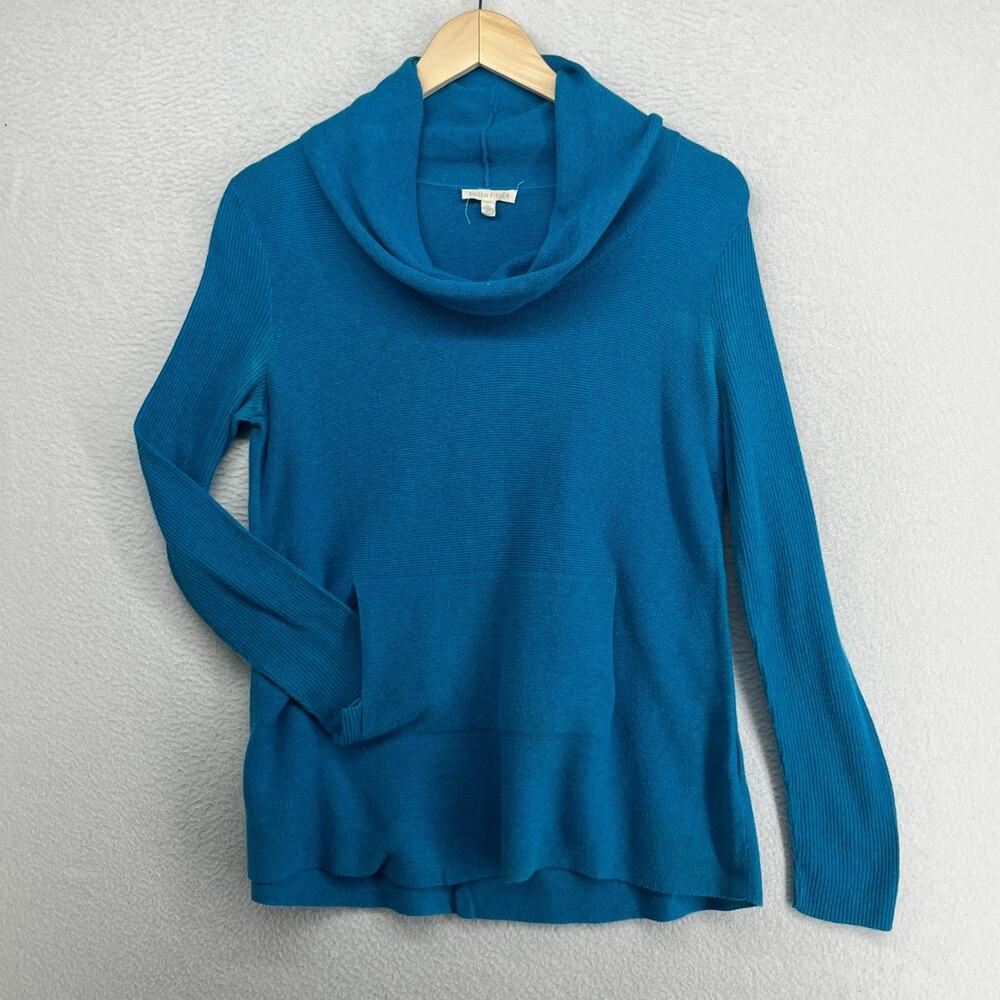 EILEEN FISHER Sweater XS Organic Cotton Tunic Cowl Neck Pullover Jumper Blue